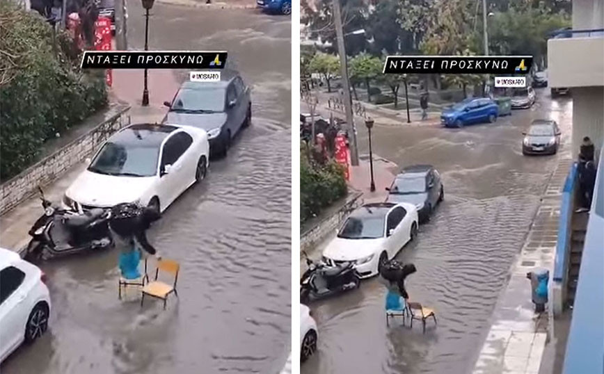 Μοσχάτο: Έκανε τις καρέκλες… «ξυλοπόδαρα» για να περάσει πλημμυρισμένο δρόμο